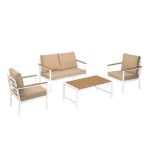 Salottino Divano Tavolino 2 Poltrone Alluminio Poliwood con Cuscini Pirite