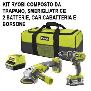 Kit Ryobi Trapano Smerigliatrice 2 Batterie Caricabatteria Borsone