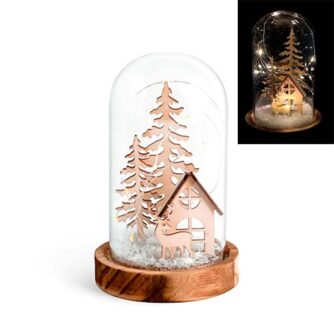 Campana in vetro natale con led su base legno h 17 cm H&H